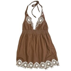 Vtg Y2K Floral Embroidered Halter Babydoll Top Sz 8 Brown Smocked Boho Festival